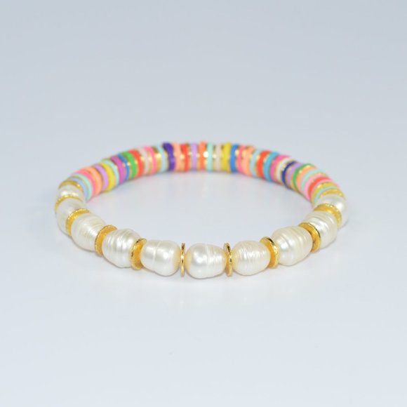 Heishi Pearl Trendy Gold Colorful Beaded Bracelet - Picture 4 of 4